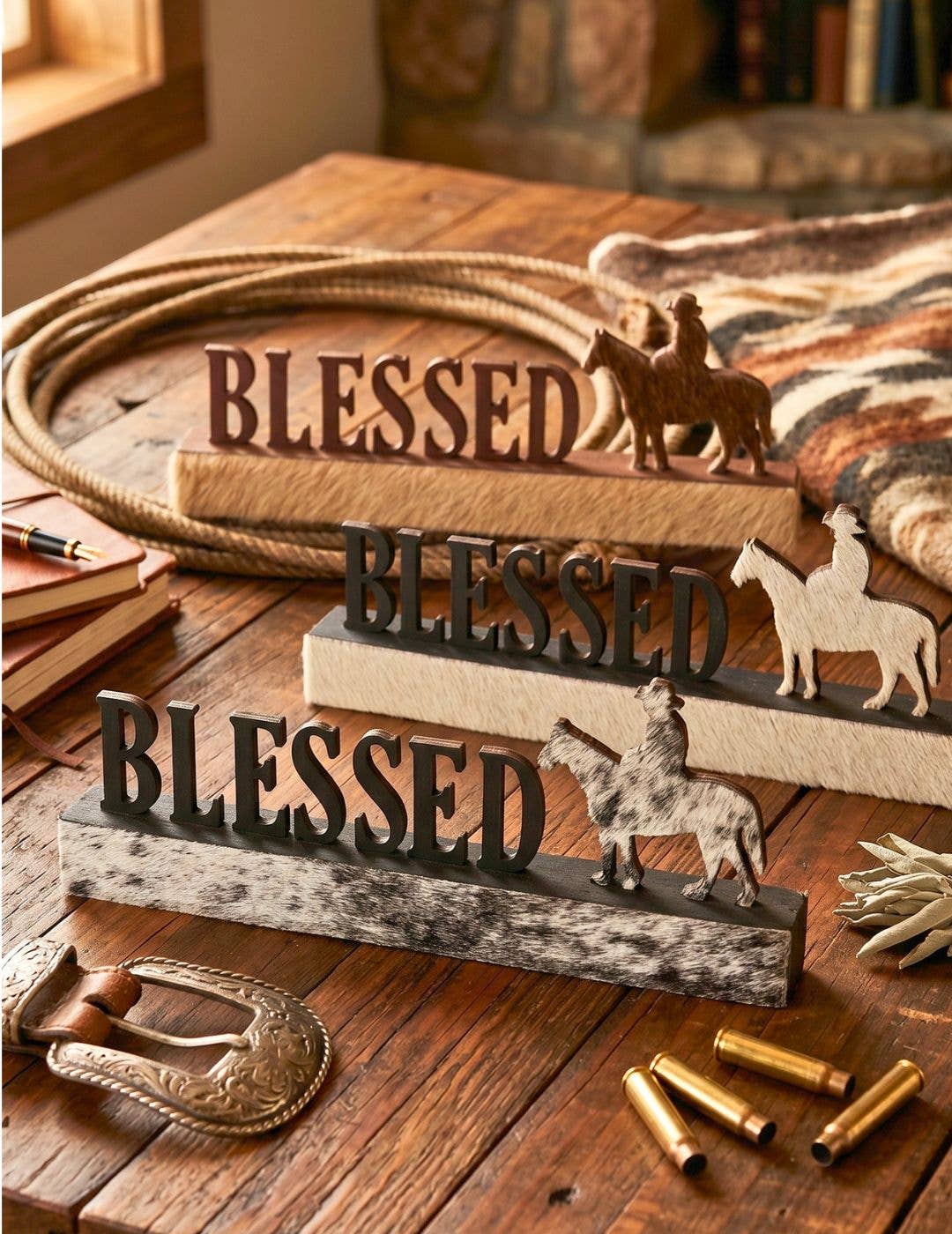 Cowhide Western Decorative Tabletop Sign- Blessed