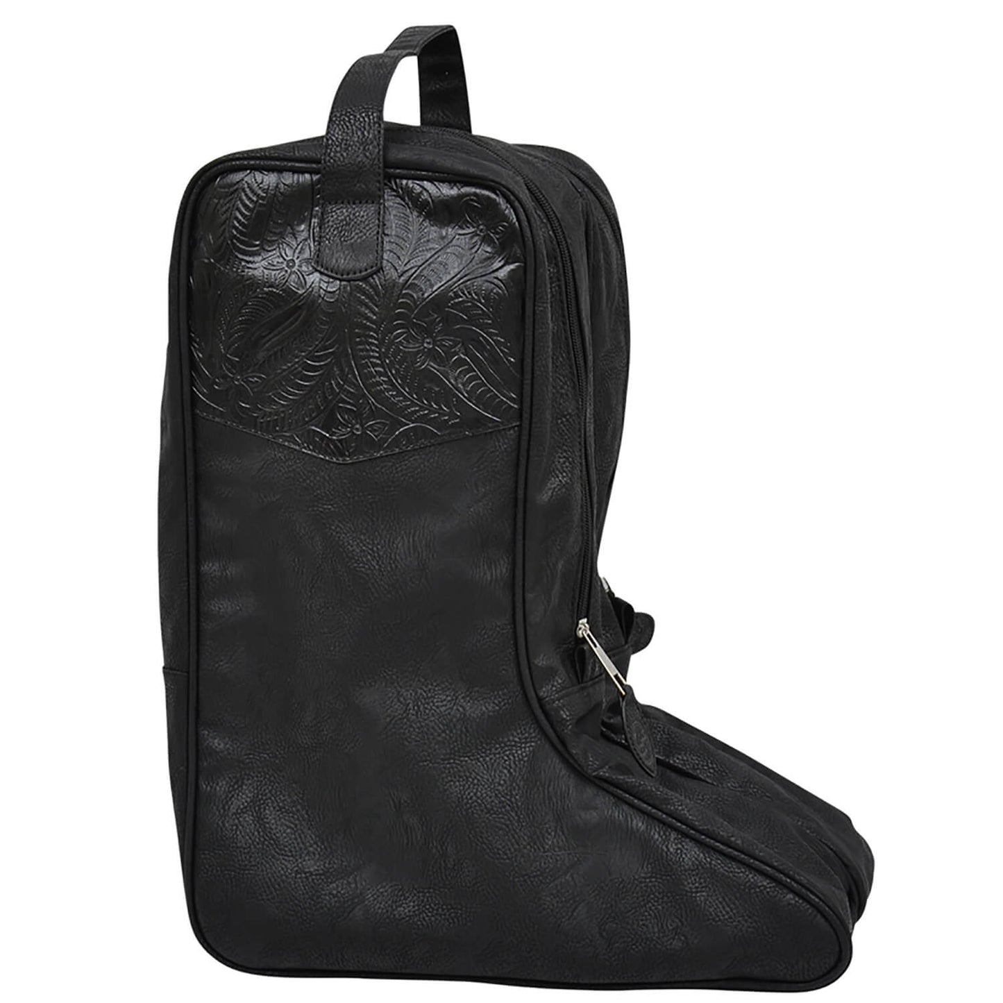 A black faux-leather shoe boot bag with an embossed floral pattern on the upper front pocket and a zippered side pocket, shown on a plain white background.
