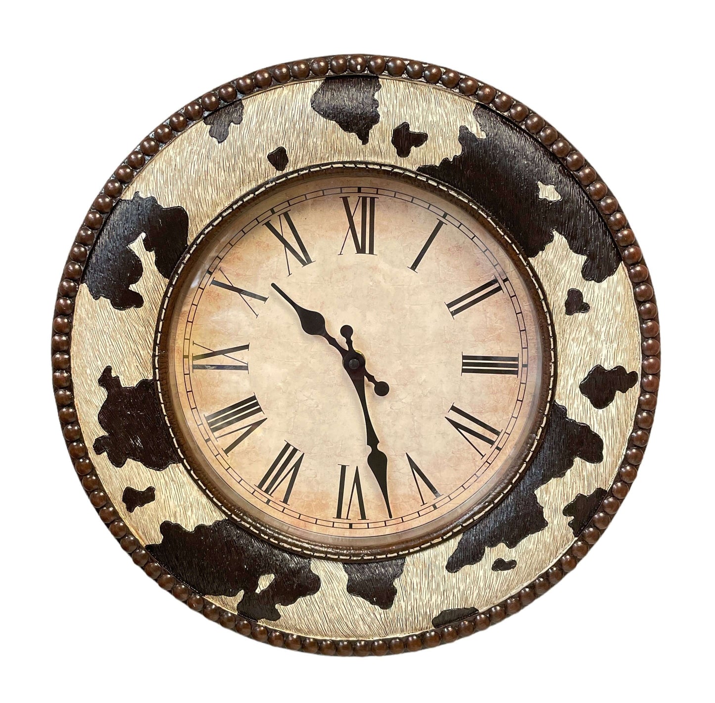 Cowhide Country Rawhide Western Wall Clock with Roman numerals and faux cowhide design.