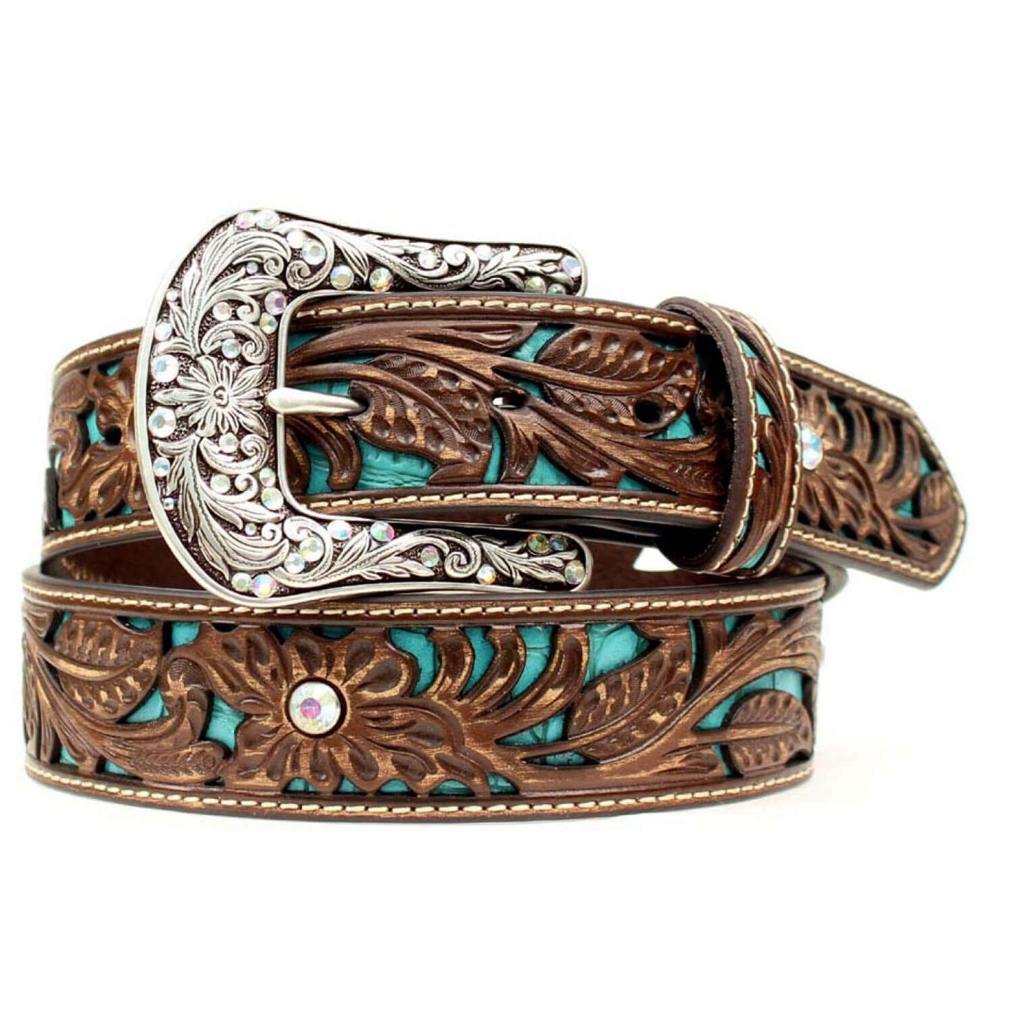 This fashionable ladies tooled belt has a striking rose pattern with a turquoise underlay. This eye-catching belt is perfect to wear with your favorite pair of jeans. 