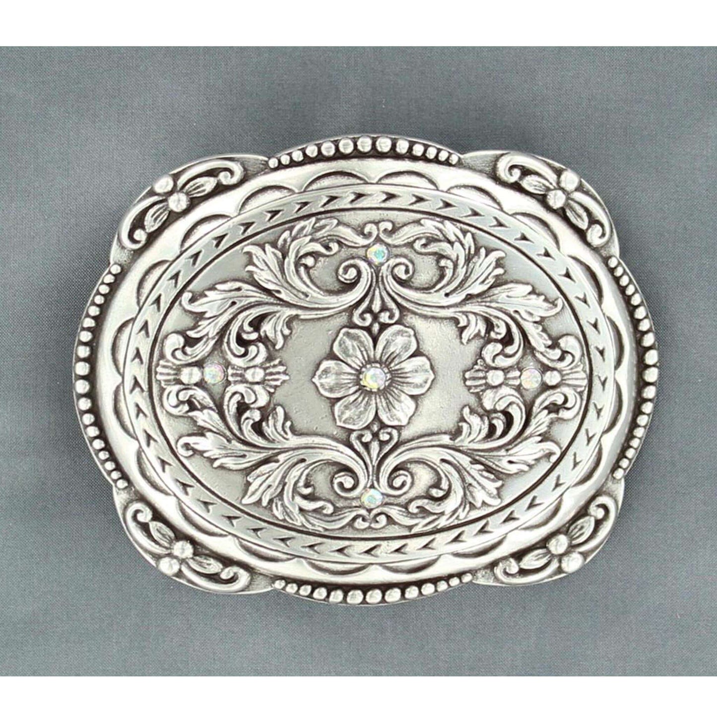 Buckle up for style with this ladies western belt buckle. This fabulous floral detailed buckle shines with crystal colors hence the name with aurora borealis. Feminine. Pretty. Measures 2-3/4" x 3-1/4"