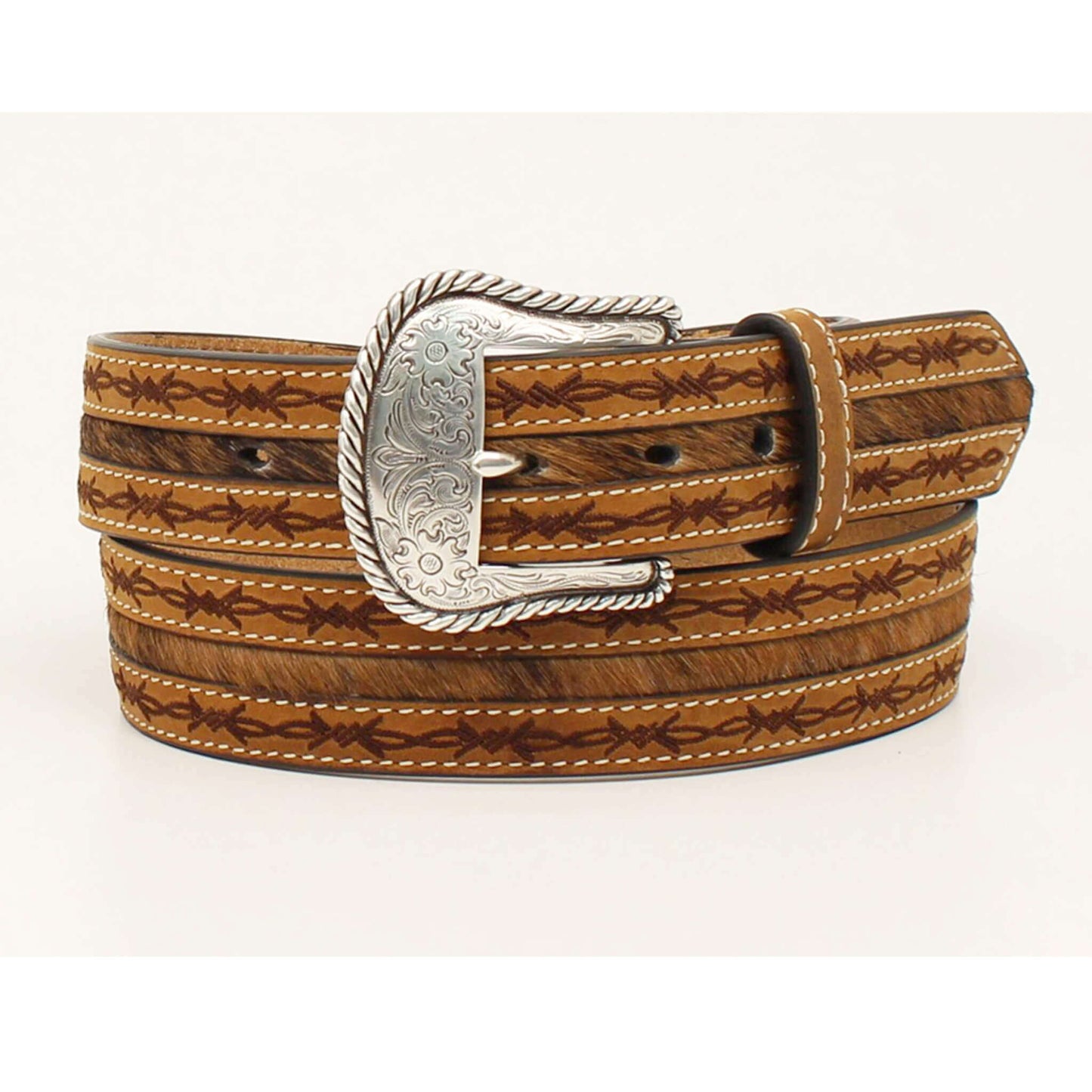 This Nocona men's belt is just what the modern cowboy wants. It features stitched barbwire edges with calf hair center. Available in sizes 32-46.