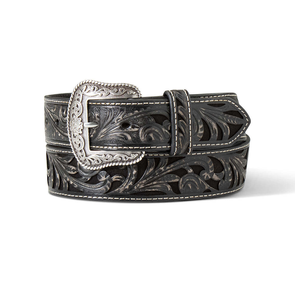 <span data-mce-fragment="1">This ladies Ariat belt is so stylish and has lots of character. The strap is genuine leather with a floral embossed overlay and black roughout underlay. Topped off with an antique silver buckle for a great look.</span> 