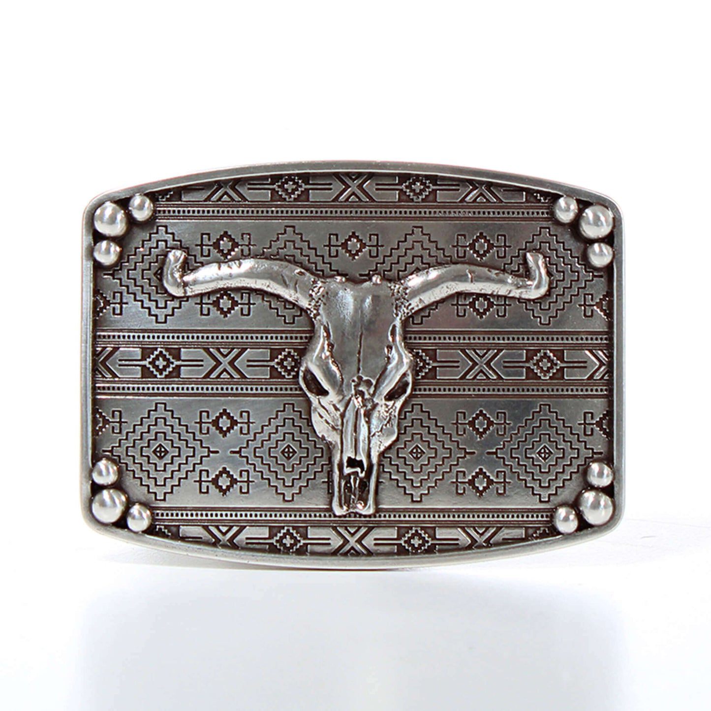 <span data-mce-fragment="1">This rectangle Nocona men's western buckle is definitely a head turner. There is an engraved pattern on the inlay of the buckle with a bull skull on top. 3 studs in each corner of the buckle to accent. Smooth edges. Southwestern flair in a modern design. Imported. Measures </span><span data-mce-fragment="1">2-1/2 x 3-1/2.</span>