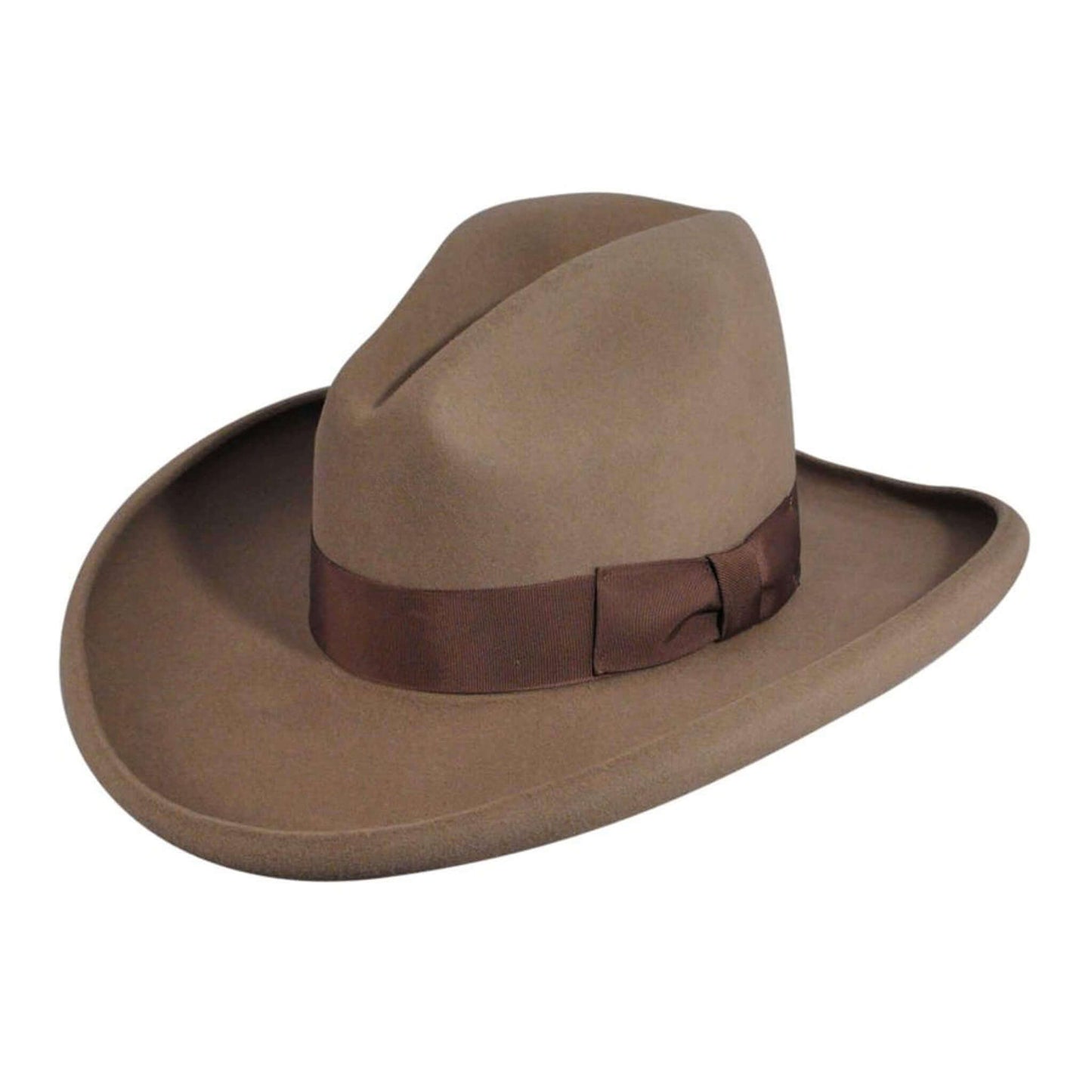 Bailey Western Clayton Hat with a brown grosgrain band and curled brim, perfect for rodeos and cattle runs.