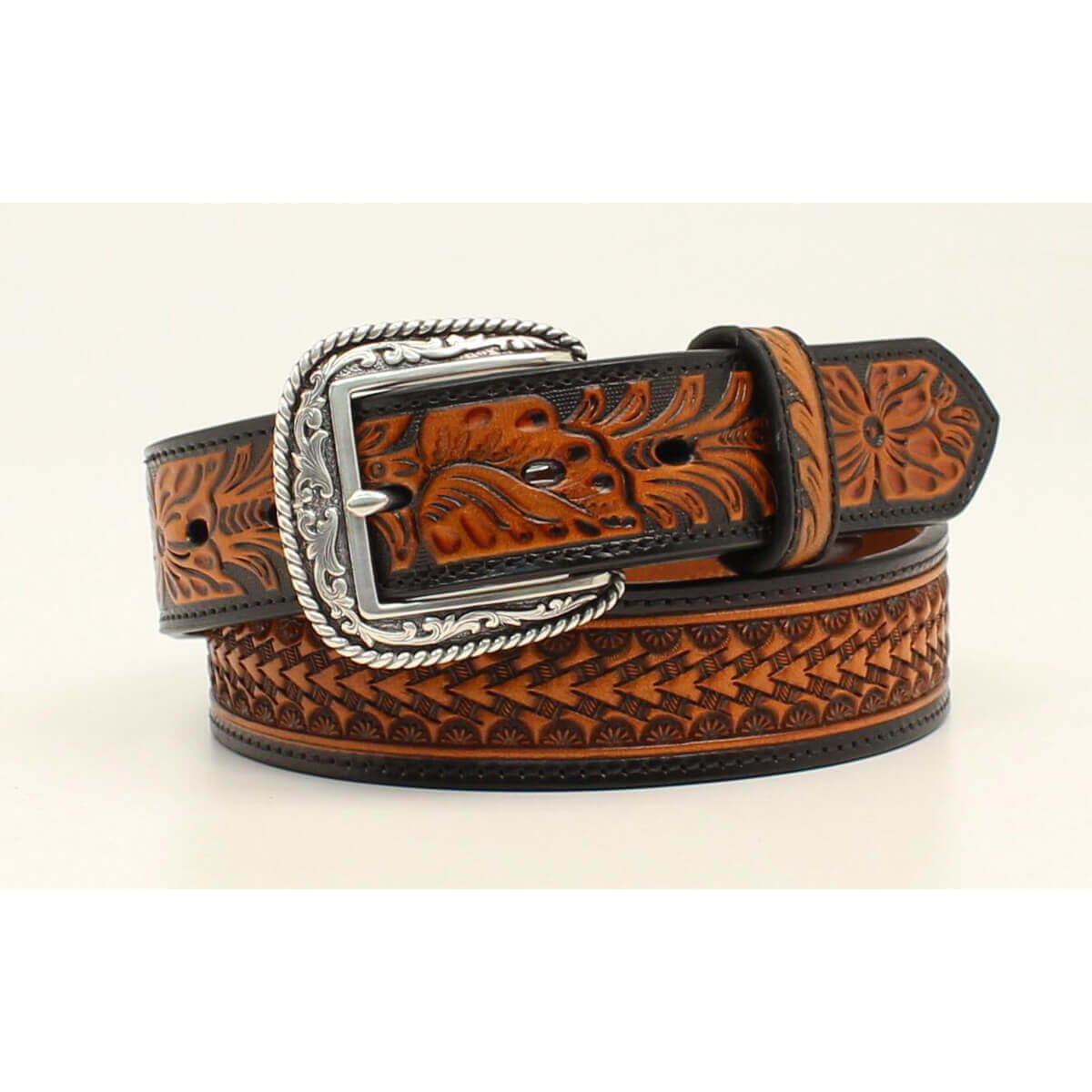 This leather Ariat belt features an eye catching embossed pattern accentuated with floral embossed tabs. Available in sizes 32-46. Imported.