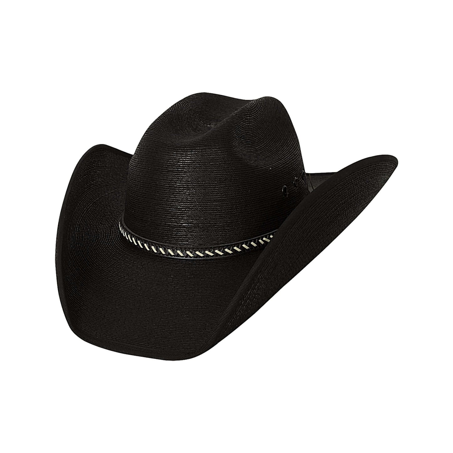 Black straw cowboy hat with a white band on a white background