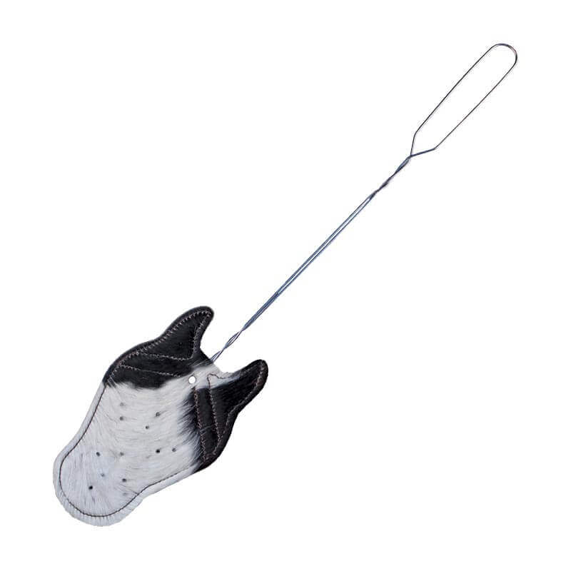 A unique twist on the household fly swatter, this hair-on hide is cut into a horse head shape to fight those pesky insects. Comes on a sturdy metal wire handle. The Hair-on hide will vary in color . Makes a great gift! Made in Idaho.