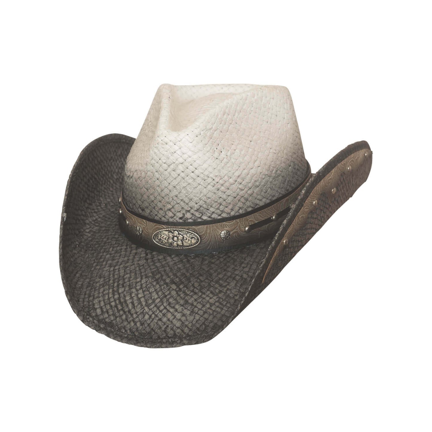 Two cowboy hats with different brim colors on a white background