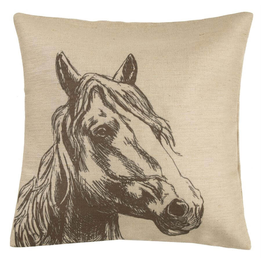 This regal horse head burlap pillow is perfect for the equestrian lover. Burlap fabric blends in well with many décor styles. Color: Tan & Brown Measurement: 22" x 22" Care: Spot clean recommended Material: Shell: 80% Polyester 20% Linen; Filling: 100% Waterfowl Feathers. Imported.