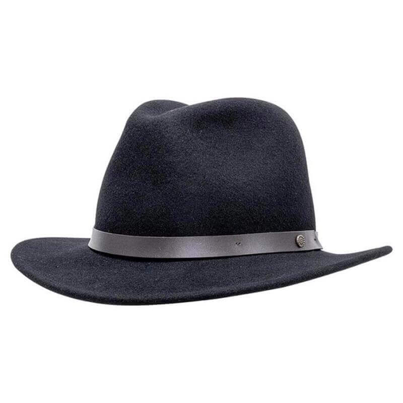 Black fedora hat with a leather band on a white background