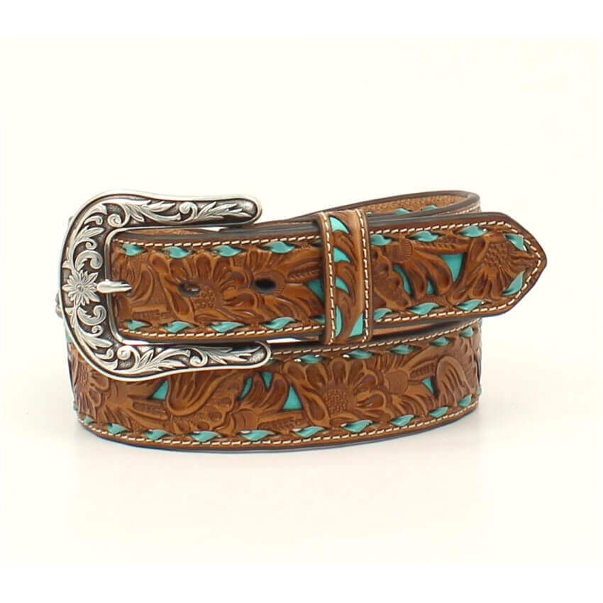 Here's a beautiful western ladies belt. It features a pierced tan leather strap with turquoise underlay, turquoise buckstitch laced edges and contrast stitching. This belt has a rounded antiqued style silver buckle. Imported. 