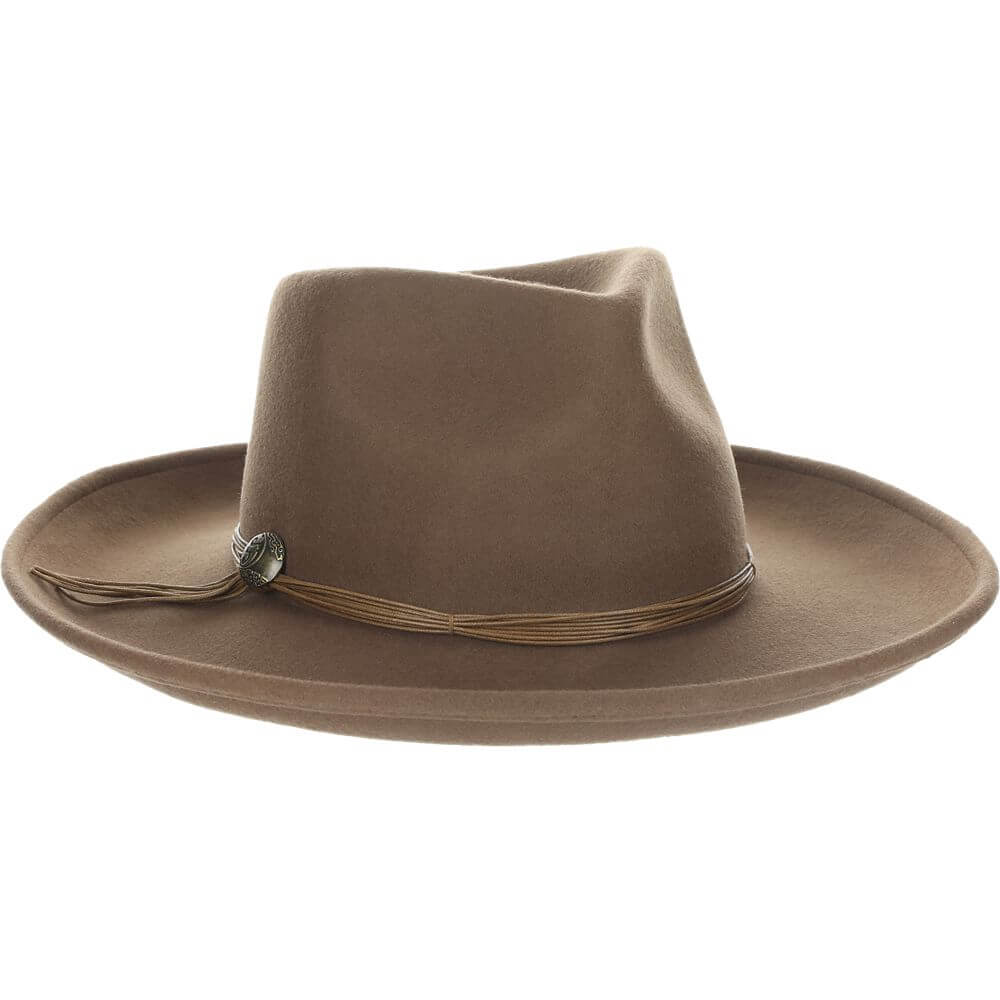 Brown fedora hat with a decorative band on a white background