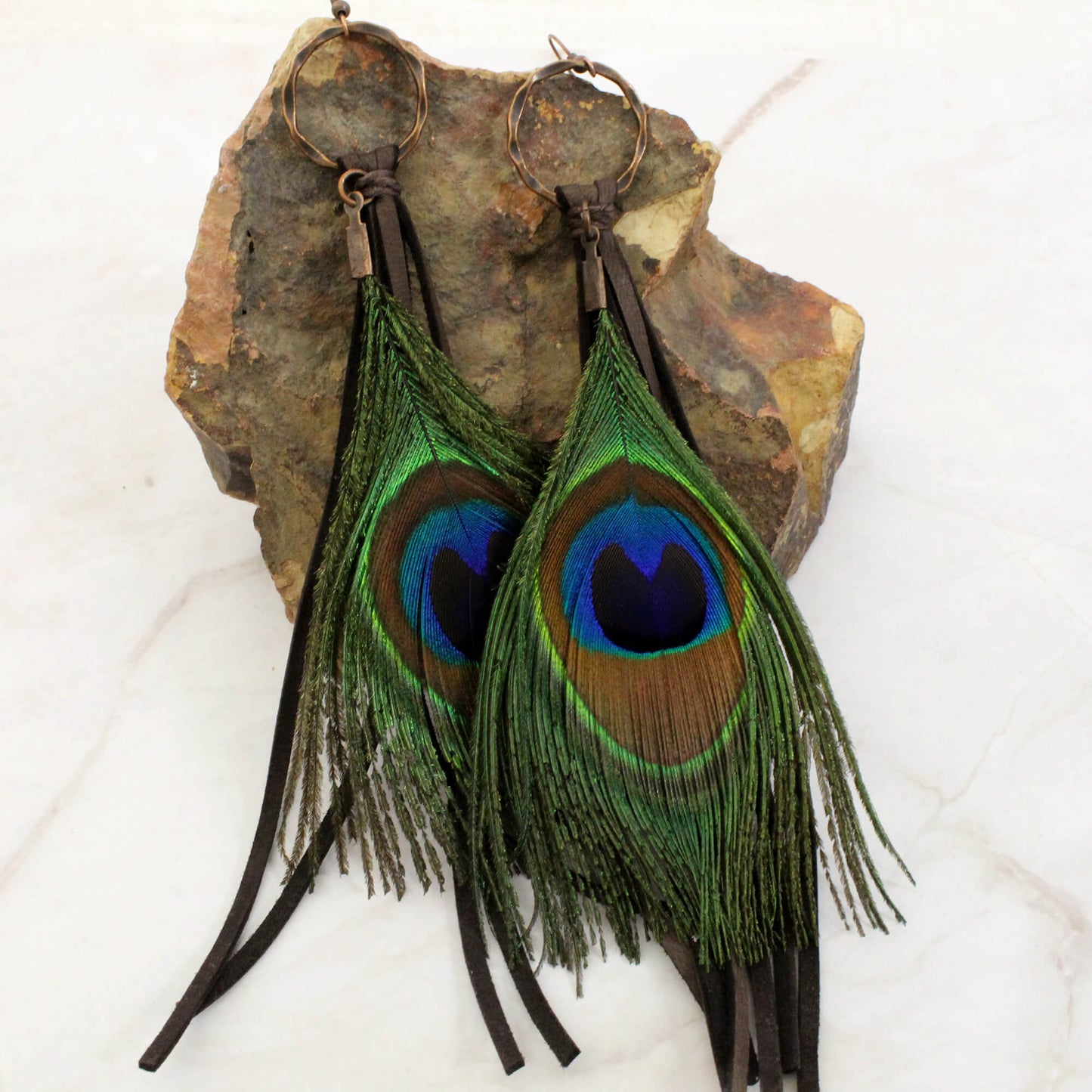 Peacock Feather Western Boho Leather Tassel Earrings