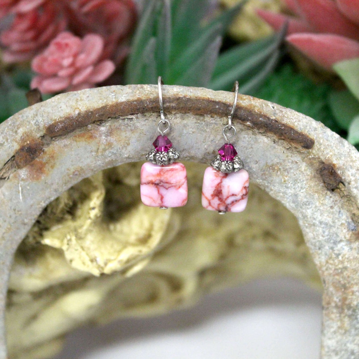 Pink Matrix gemstones make up simple beautiful earrings that are perfect for gift giving or as a gift to yourself. Handcrafted by local artisans in the Black Hills, SD. Earrings are hypoallergenic for sensitive ears.