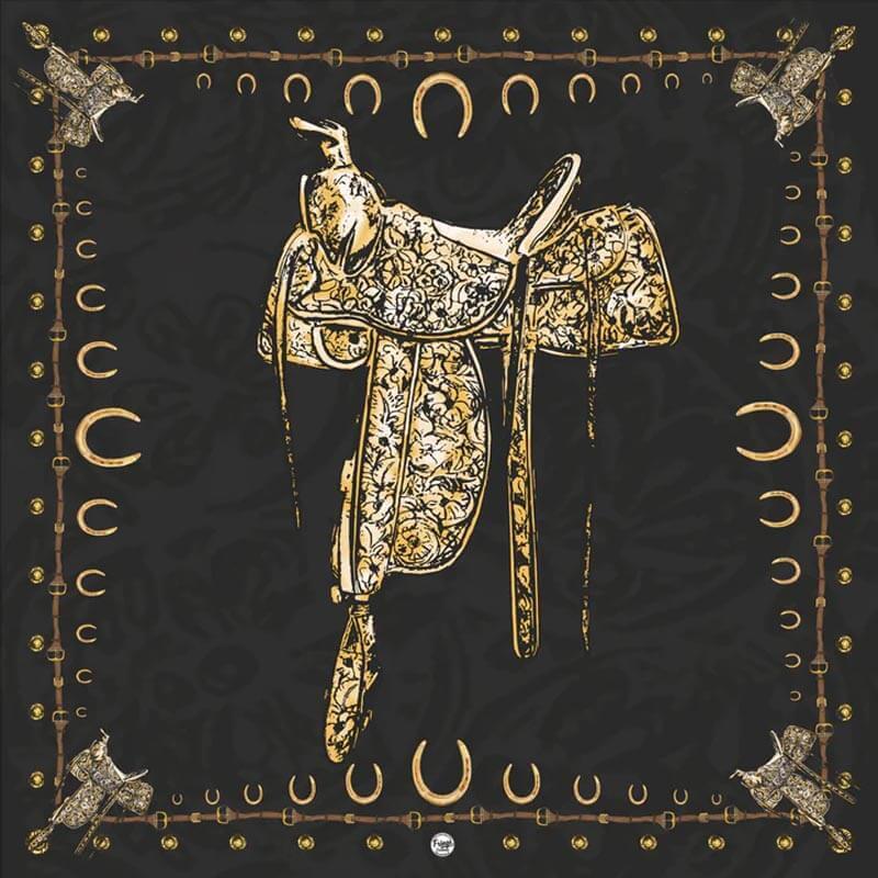 Decorative square scarf of a ornate saddle with gold patterns on a black background.
