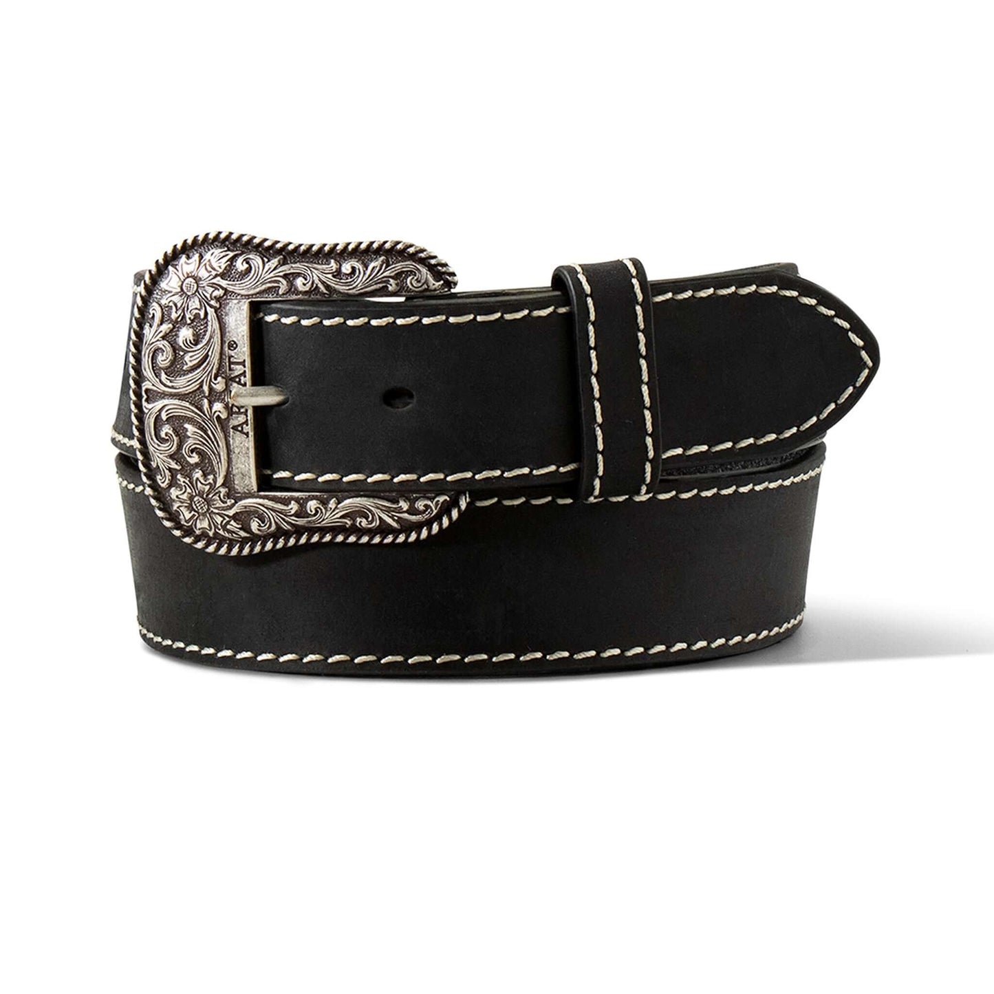 Fashionable Ariat ladies belt features a classic leather strap with heavy stitched edges and a beautiful Ariat buckle. This genuine leather belt is solid black with a removable silver buckle and loop. The buckle is accented with floral scrolling. Available in sizes Small through X-Large.