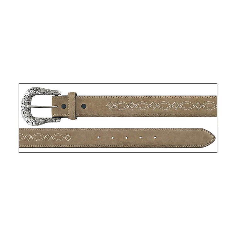 A light brown leather belt with white embroidered wave patterns and a silver-toned engraved buckle, shown in a flat-lay view against a white background.