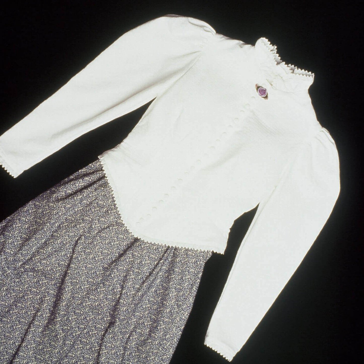 Western Victorian Walking Jacket in white cotton pique with lace trim and ruffled peplum, made in USA.