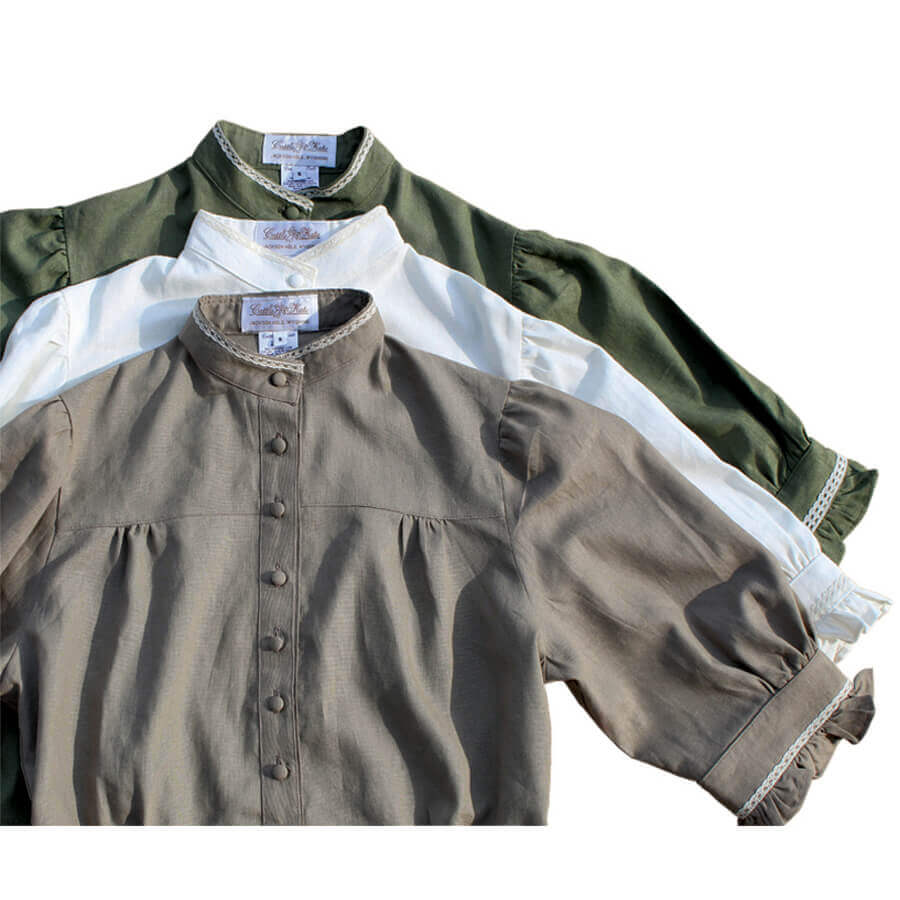 Western Women's Homestead Blouse in olive green, white, and taupe, featuring ruffle details and a feminine fit.