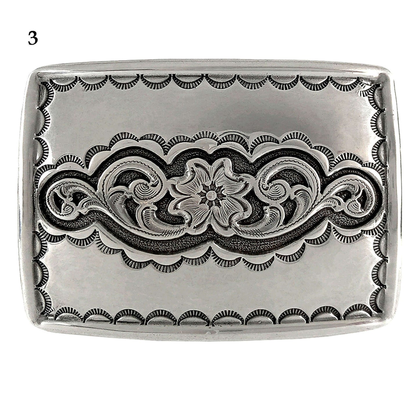 Detailed Southwestern Style Silver Belt Buckles featuring intricate floral designs and ornate borders.