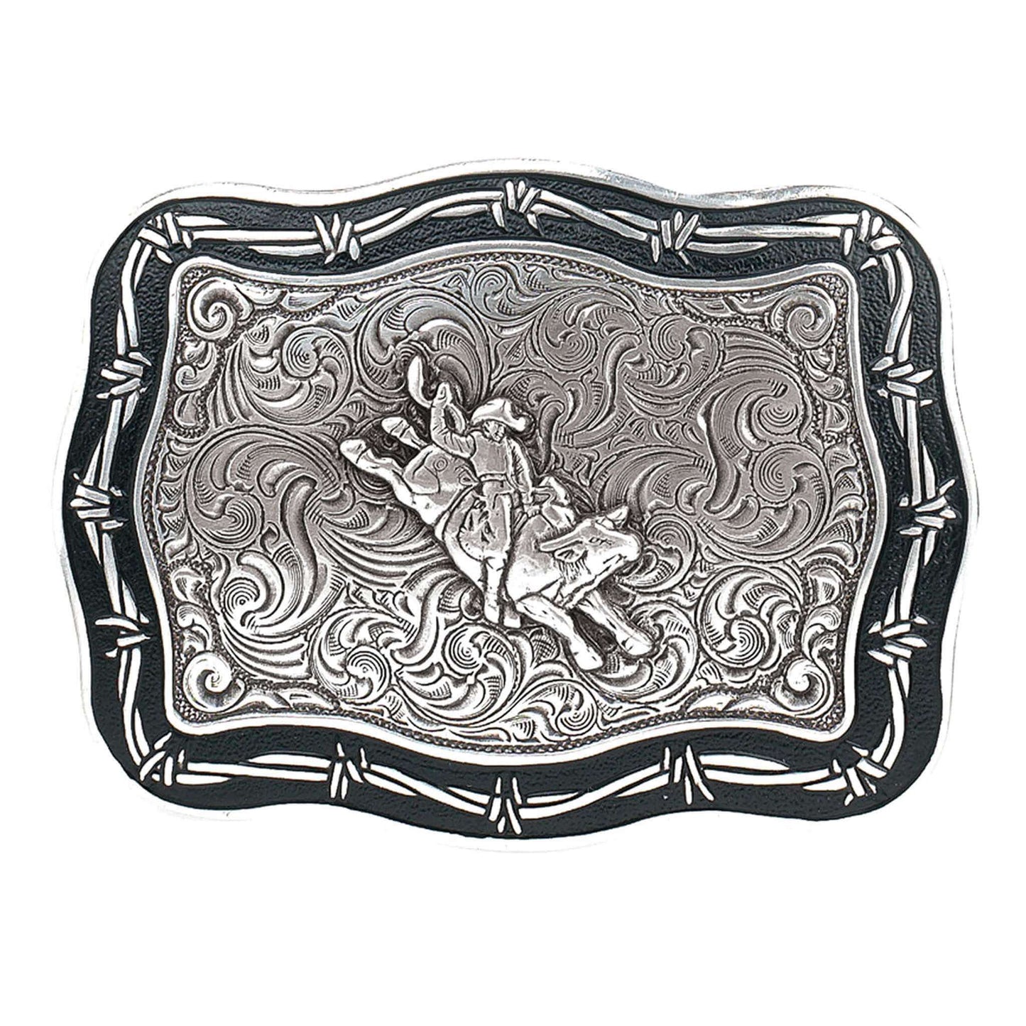 Barbed wire edging, scroll design background and a bull rider combine to give this Crumrine® buckle a very unique western and vintage look. This buckle will look great with your favorite pair of jeans or dress pants. Measures 3-1/4" x 4-3/4".