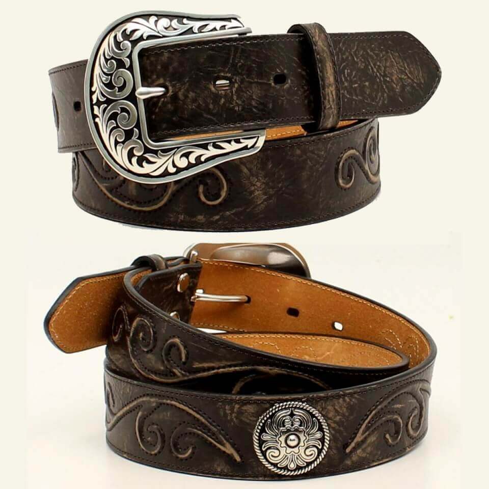 <span>This belt features a raised scroll design accentuated with large rope edged western conchos.</span><span> </span><span>You will love the look of this great belt.</span>