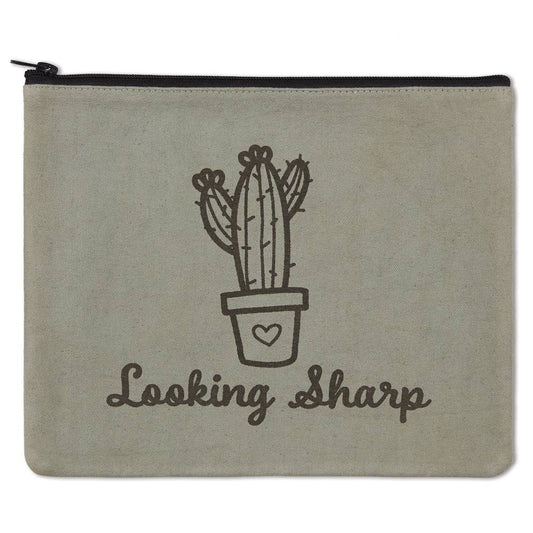 Pouch with a cactus illustration and 'Looking Sharp' text on a beige background