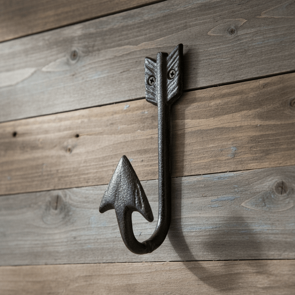 Arrow Head Cast Iron Frontier-Inspired Wall Hook mounted on rustic wood wall.