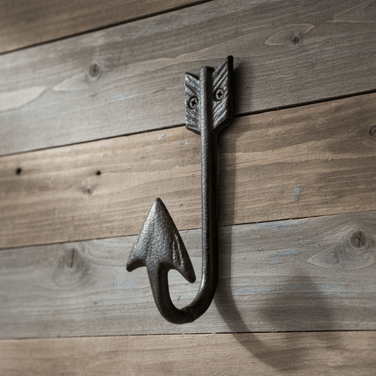 Arrow Head Cast Iron Frontier-Inspired Wall Hook mounted on rustic wood wall.