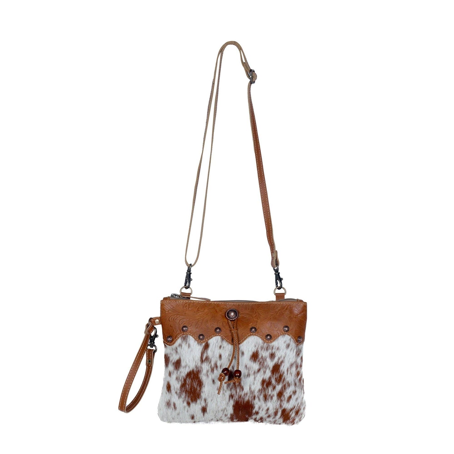 Ornate Brown Leather & Hide Western Style Handbag