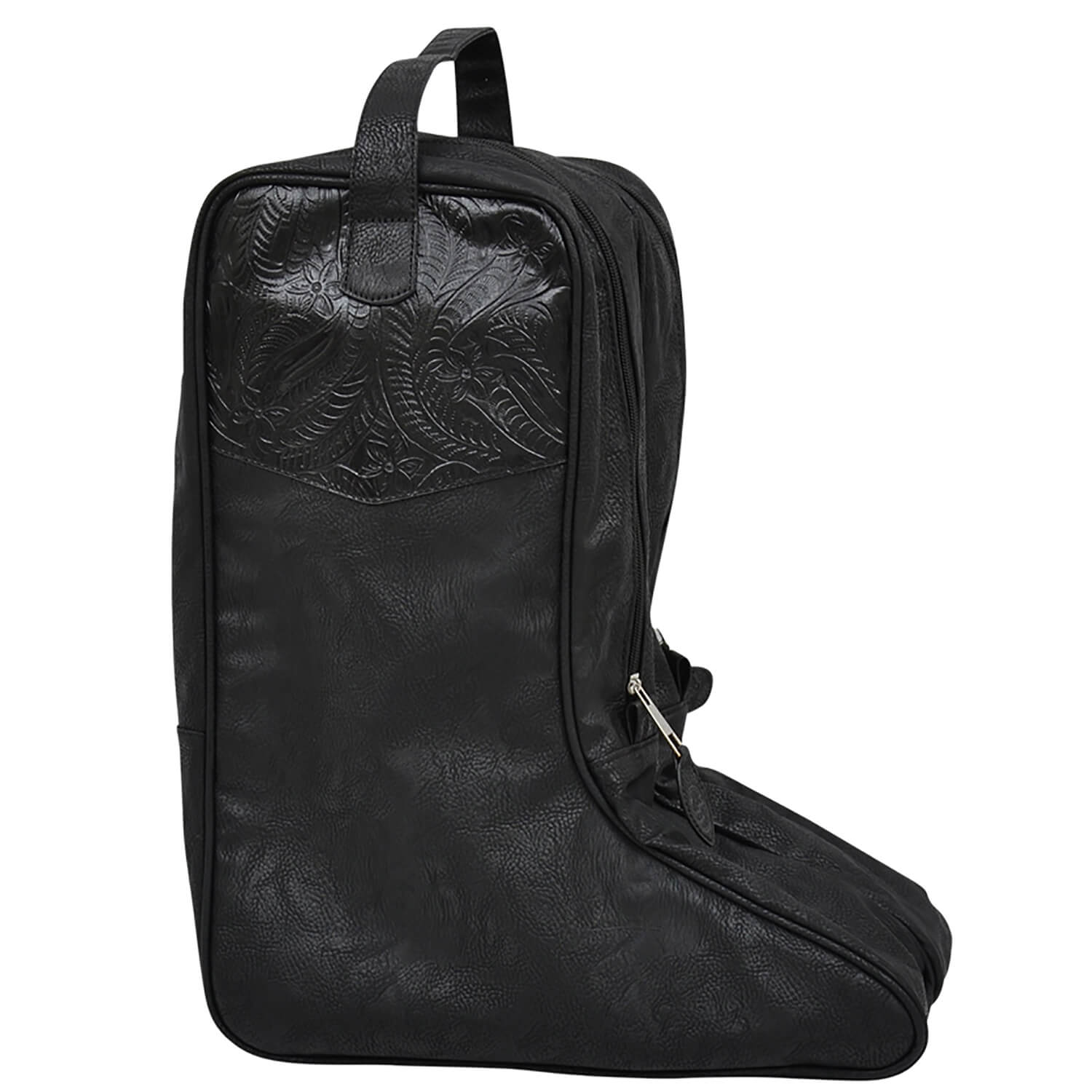 A black faux-leather shoe boot bag with an embossed floral pattern on the upper front pocket and a zippered side pocket, shown on a plain white background.
