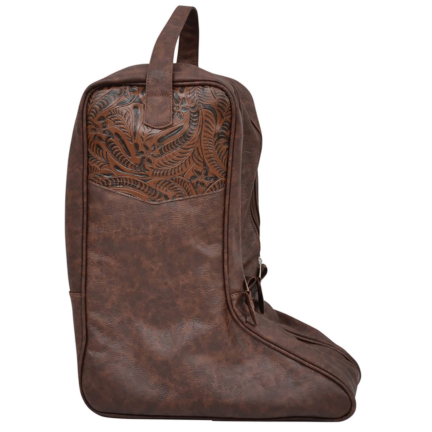 A brown faux-leather cowboy boot bag with a western-style tooled leather panel on the upper front pocket, featuring a top carry handle and zipper closure, shown against a plain white background.