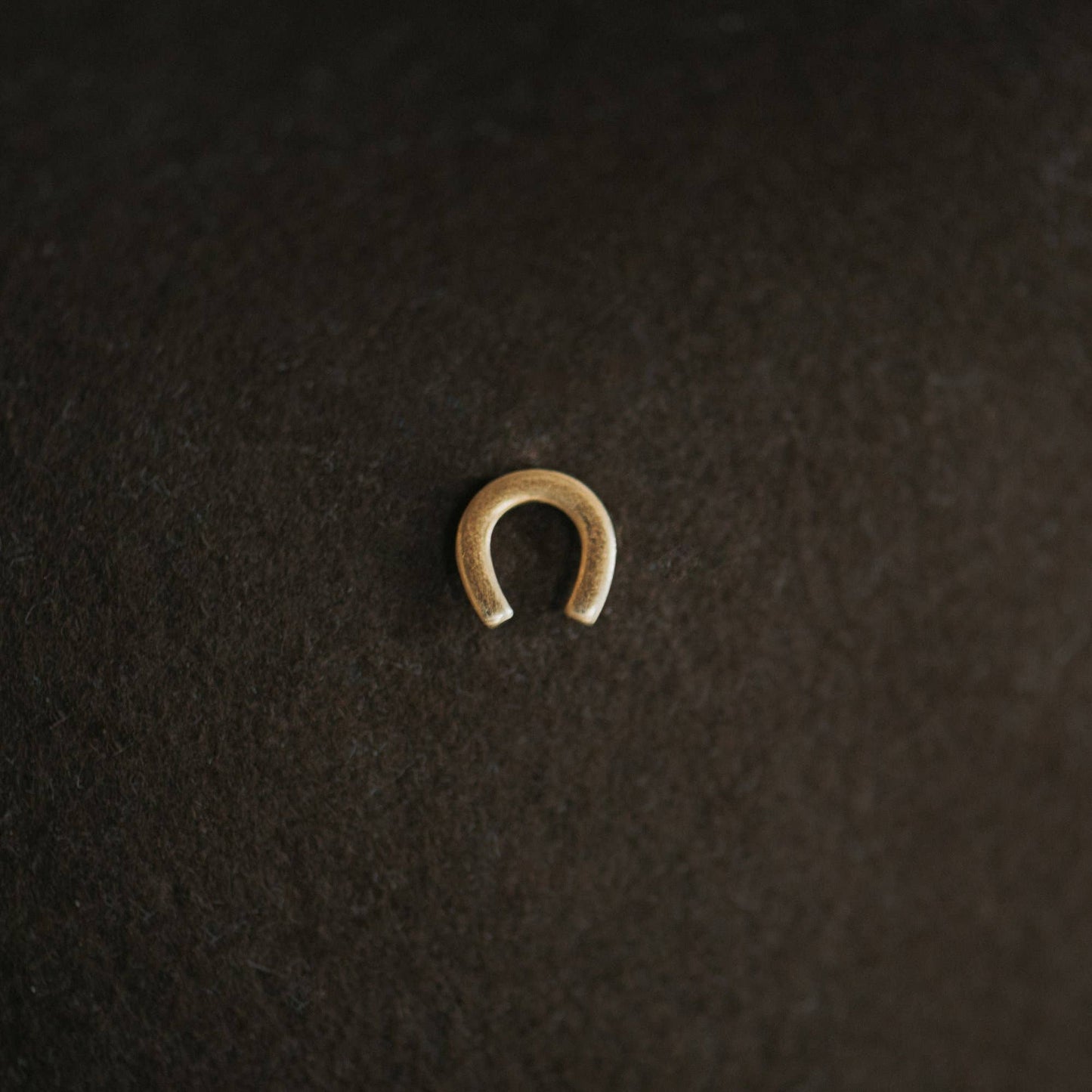 A small gold horseshoe-shaped hat pinon a dark textured background.