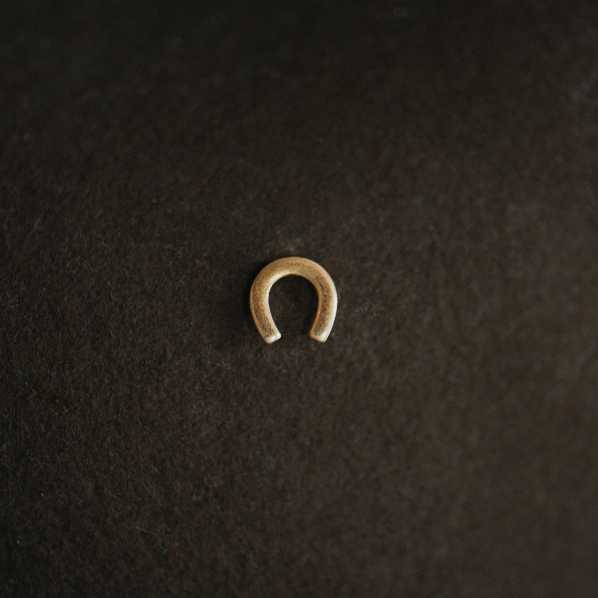 A small gold horseshoe-shaped hat pinon a dark textured background.