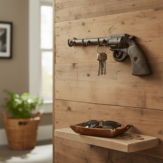 Western Cast Iron Vintage Revolver Gun Wall Hook with keys hanging on it in a rustic home setting.