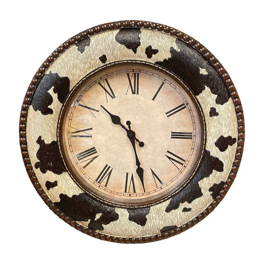 Cowhide Country Rawhide Western Wall Clock with Roman numerals and faux cowhide design.