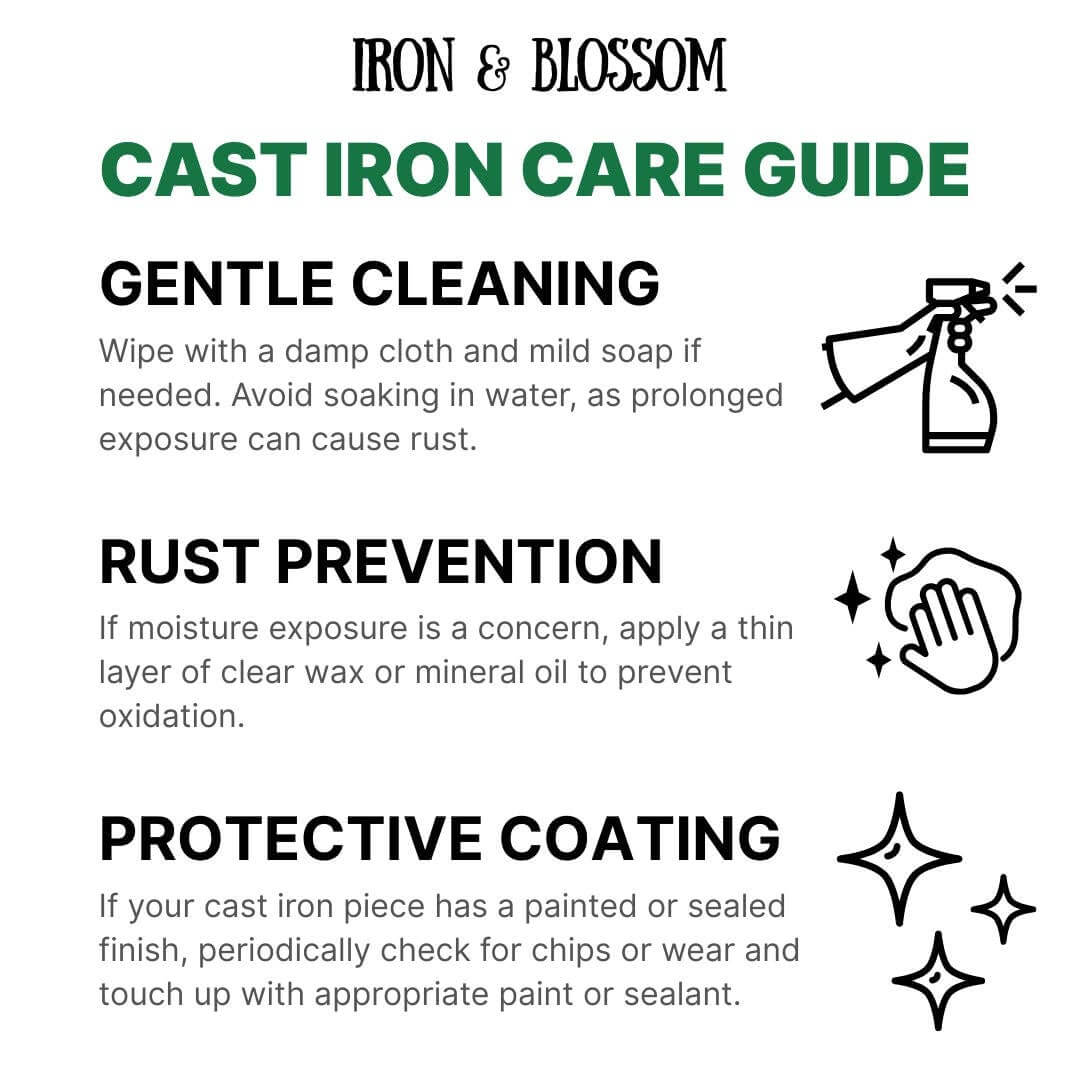 Cast Iron Care Guide with cleaning, rust prevention, and protective coating tips.