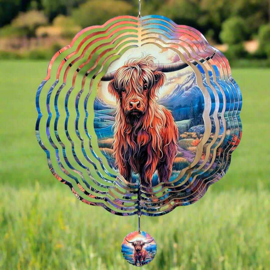 Decorative wind spinner with a highland cow design in a field