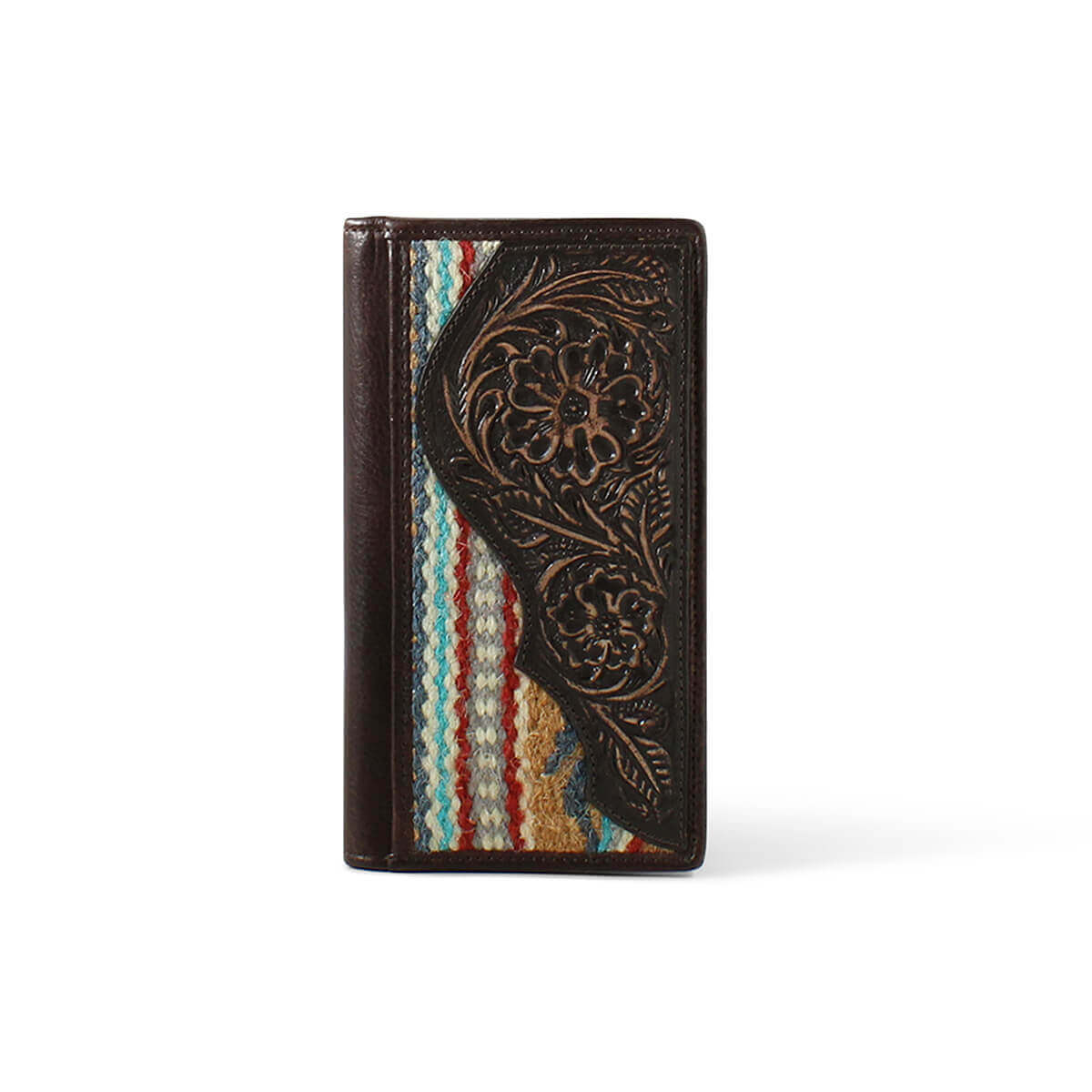 Tooled Leather and Wool Men's Western Style Wallet with floral and Aztec rug patterns.
