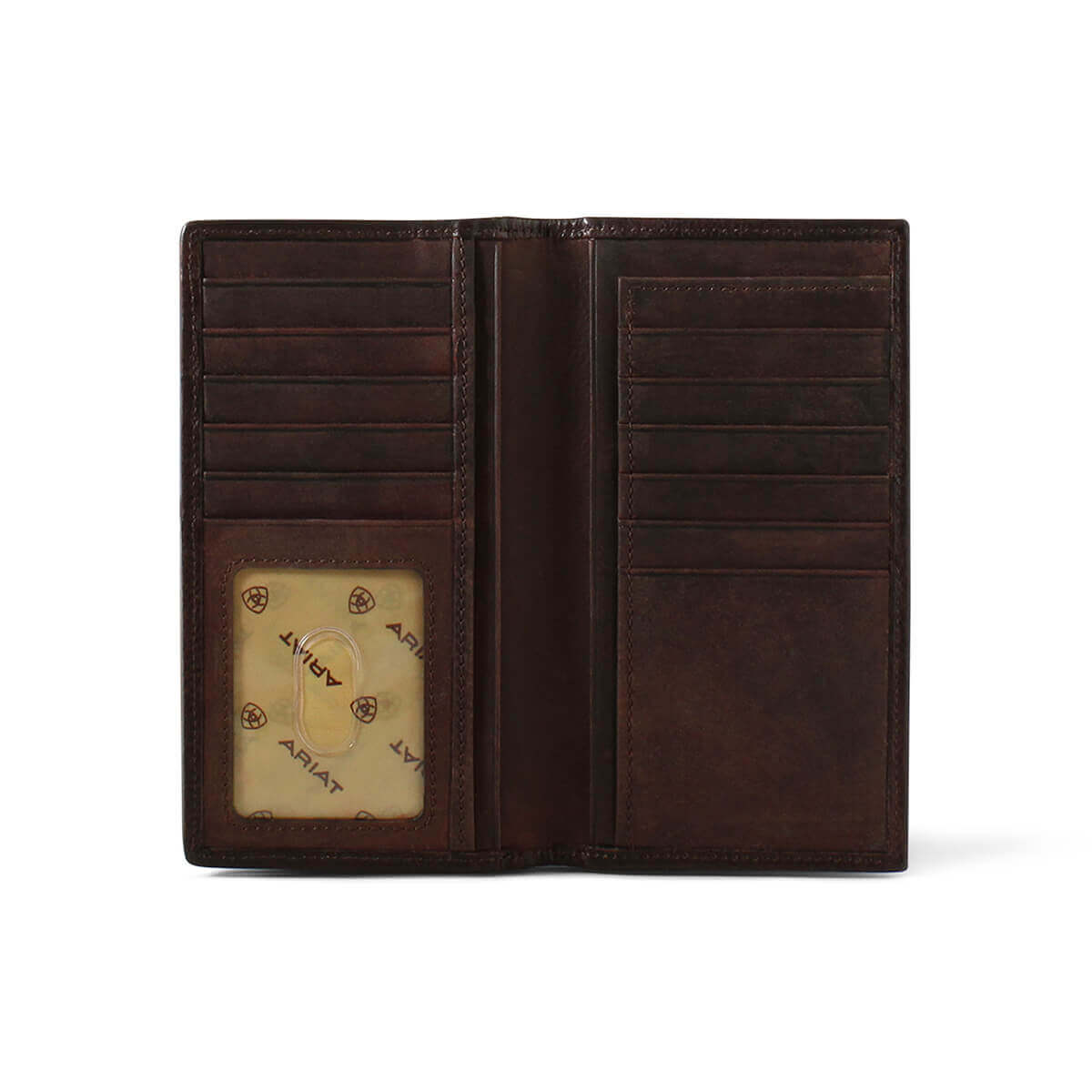 Tooled Leather and Wool Men's Western Style Wallet interior view showing card slots and ID window.