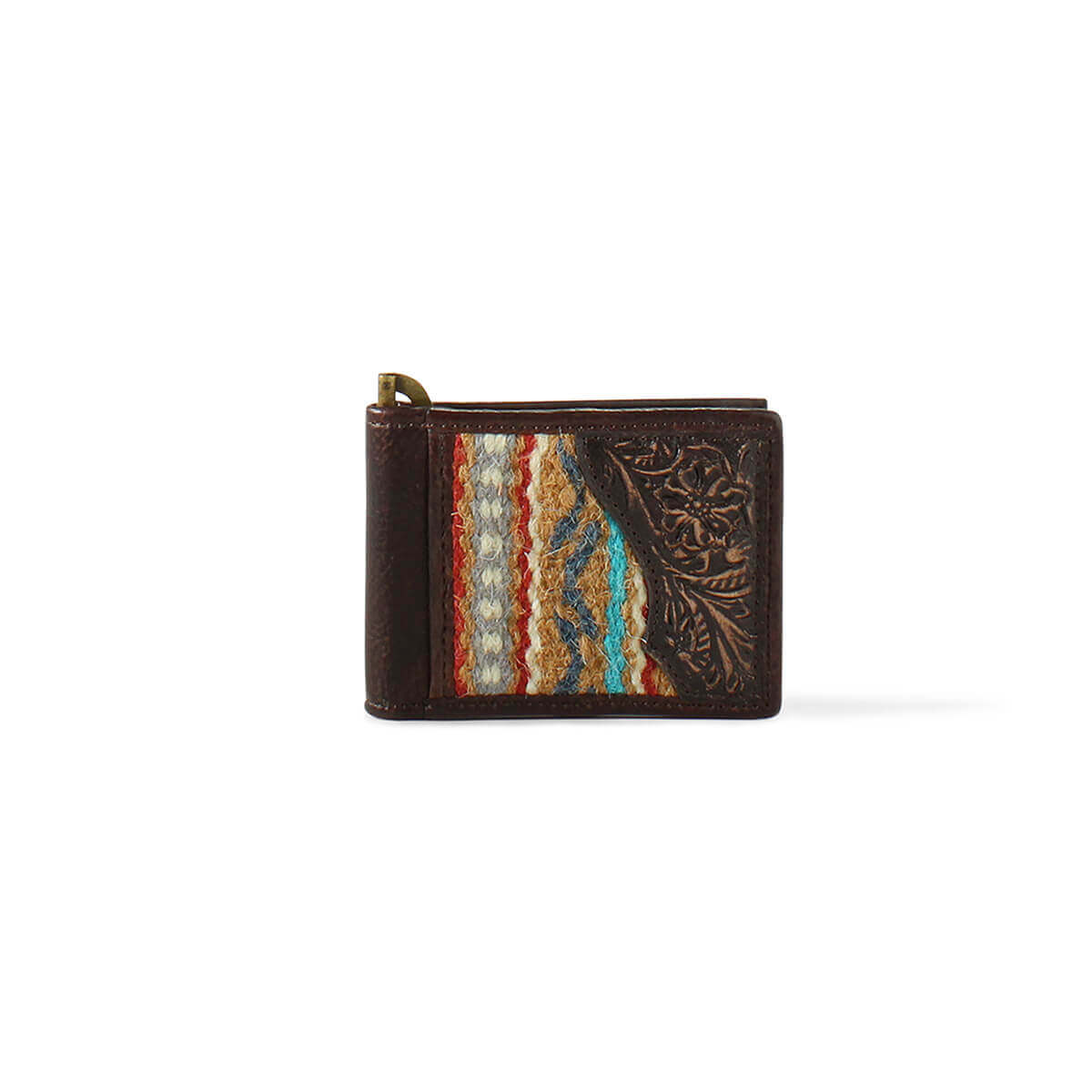 Tooled Leather and Wool Men's Western Style Wallet featuring intricate tooling and colorful Aztec pattern.