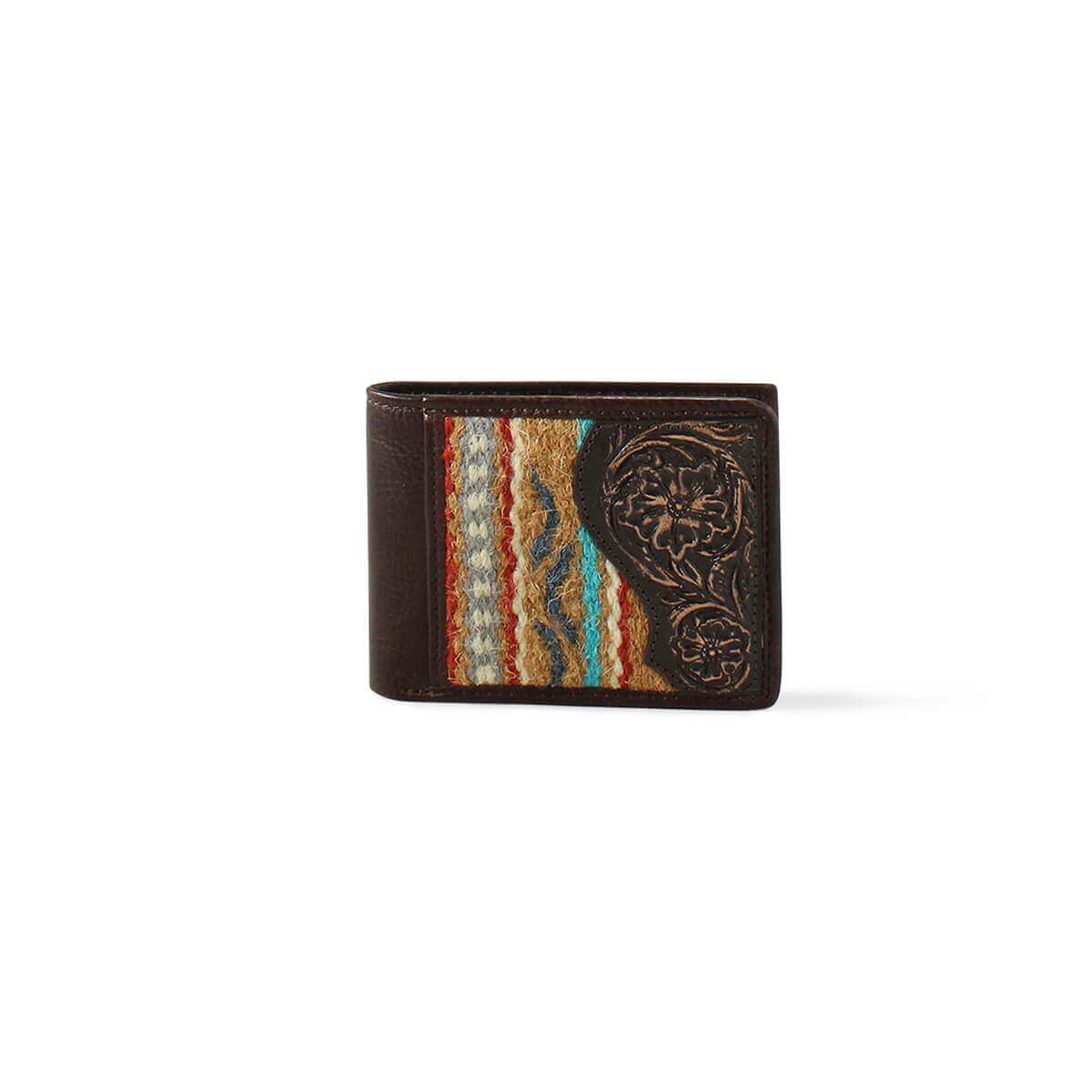 Tooled Leather and Wool Men's Western Style Wallet featuring intricate floral and Aztec patterns.