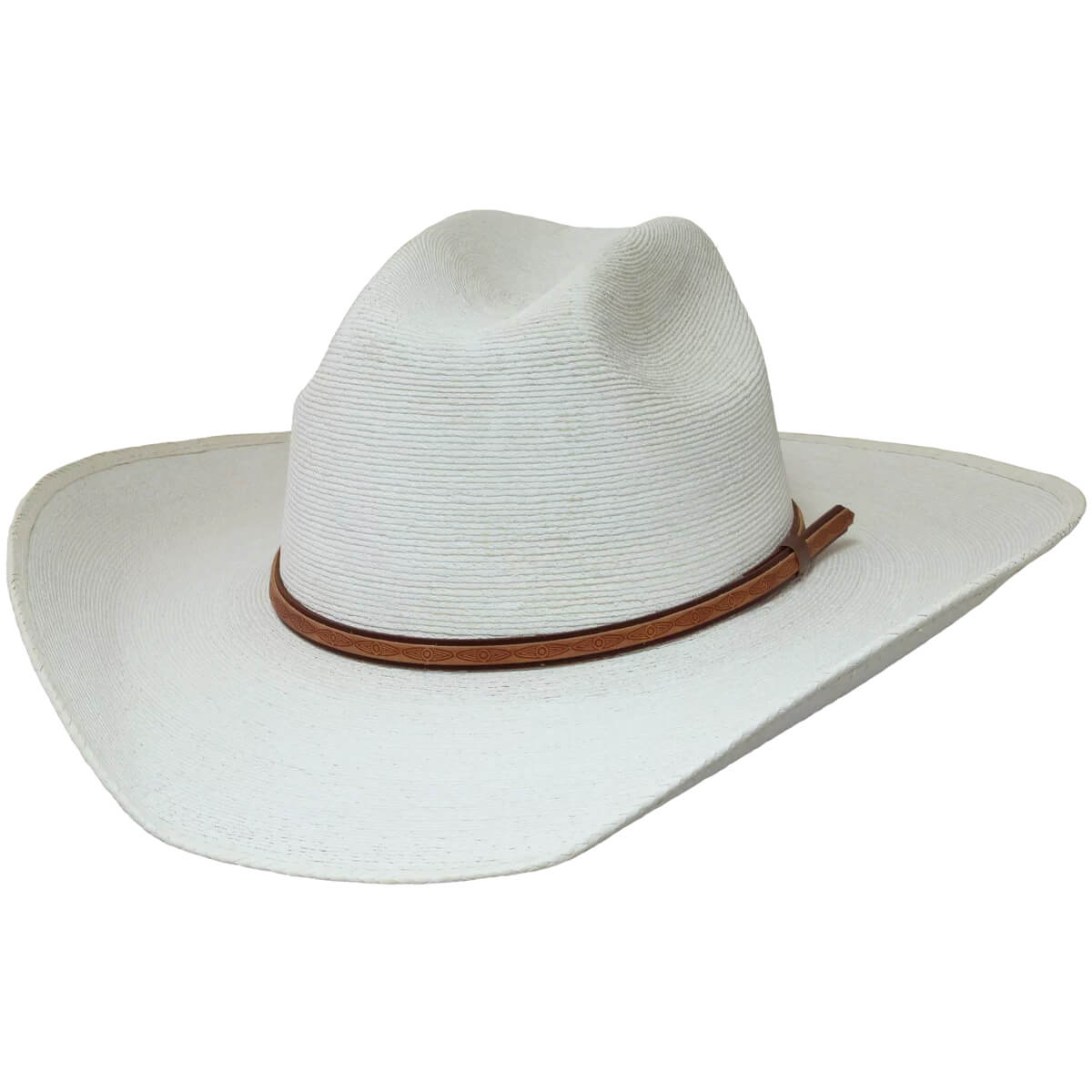 A white woven cowboy hat with a brown leather band, shown from a three-quarters angle on a plain white background.