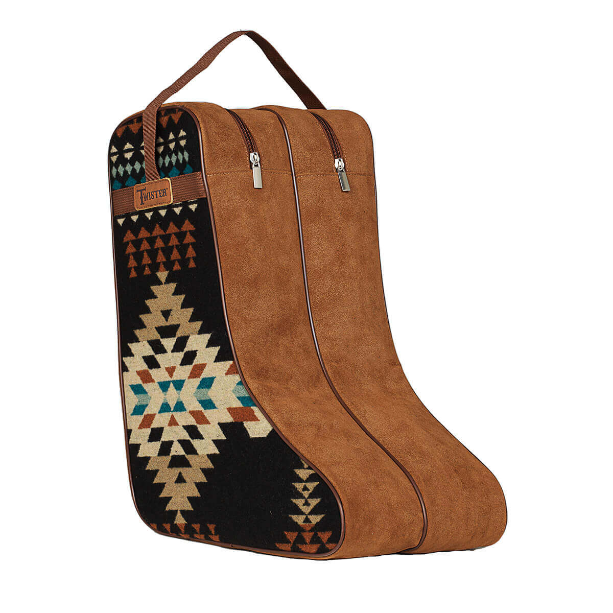 Protect your cowgirl boots in this quality boot bag. Chocolate brown nylon handles and micro-suede gussets with chocolate brown piping accent. Side panels in black, tan, brown and blue southwest arrow pattern. Nylon Handles