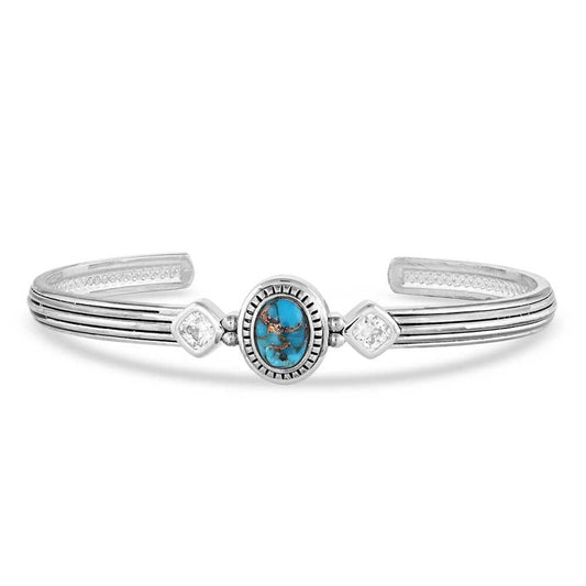 Open Night Sky Turquoise Cuff Bracelet featuring turquoise stone and cubic zirconia, stunning silver design.