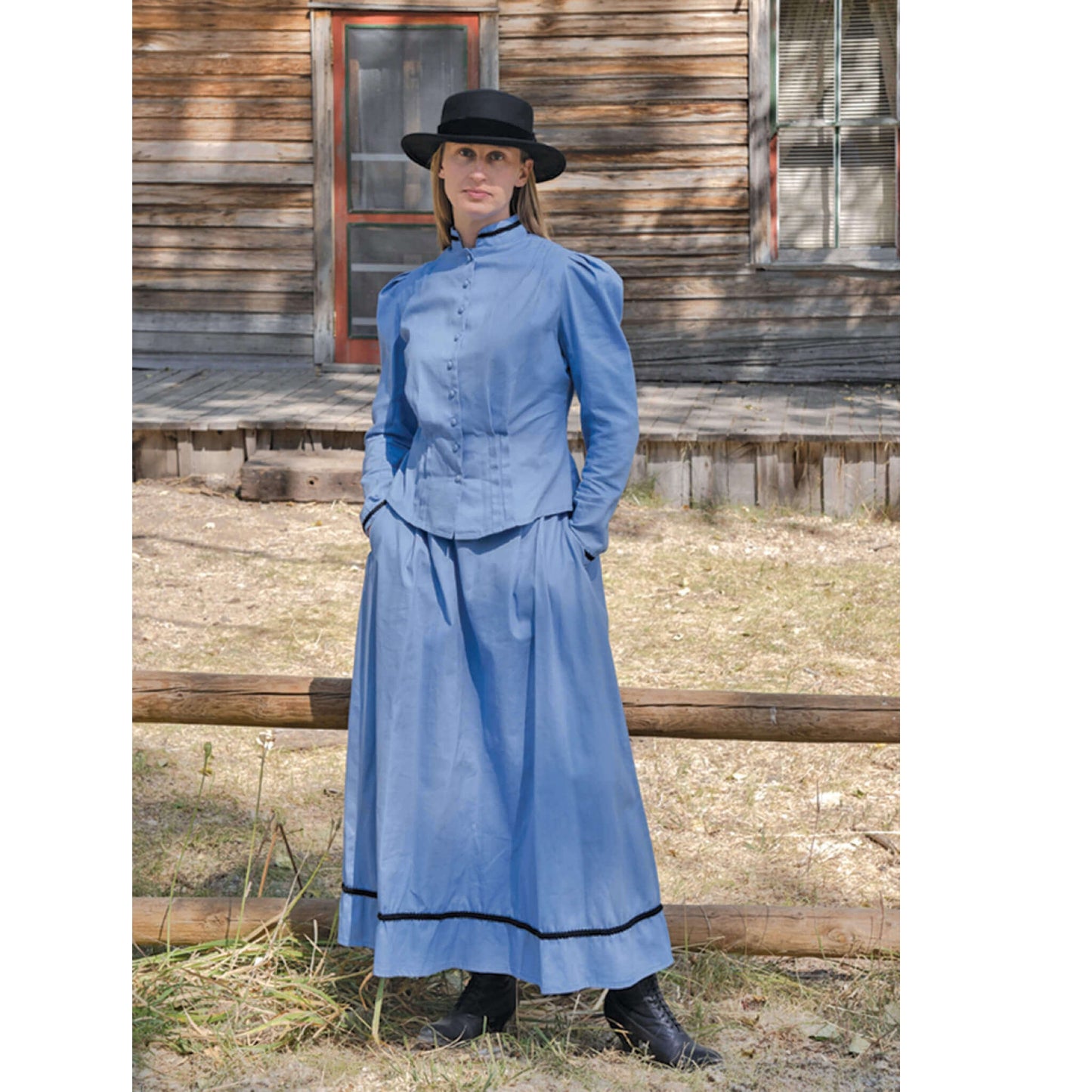 Ladies Old West Bowman Outfit in light blue with hat, inspired by Sarah Bowman's confident and fearless spirit.
