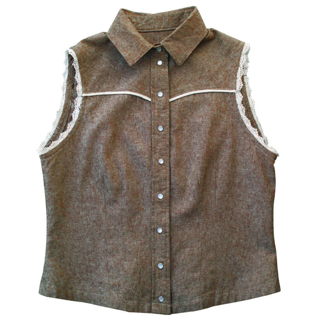 Sierra Rodeo Cowgirl Blouse in brown, sleeveless with lace trim and pearl snaps, perfect for warm rodeo nights.