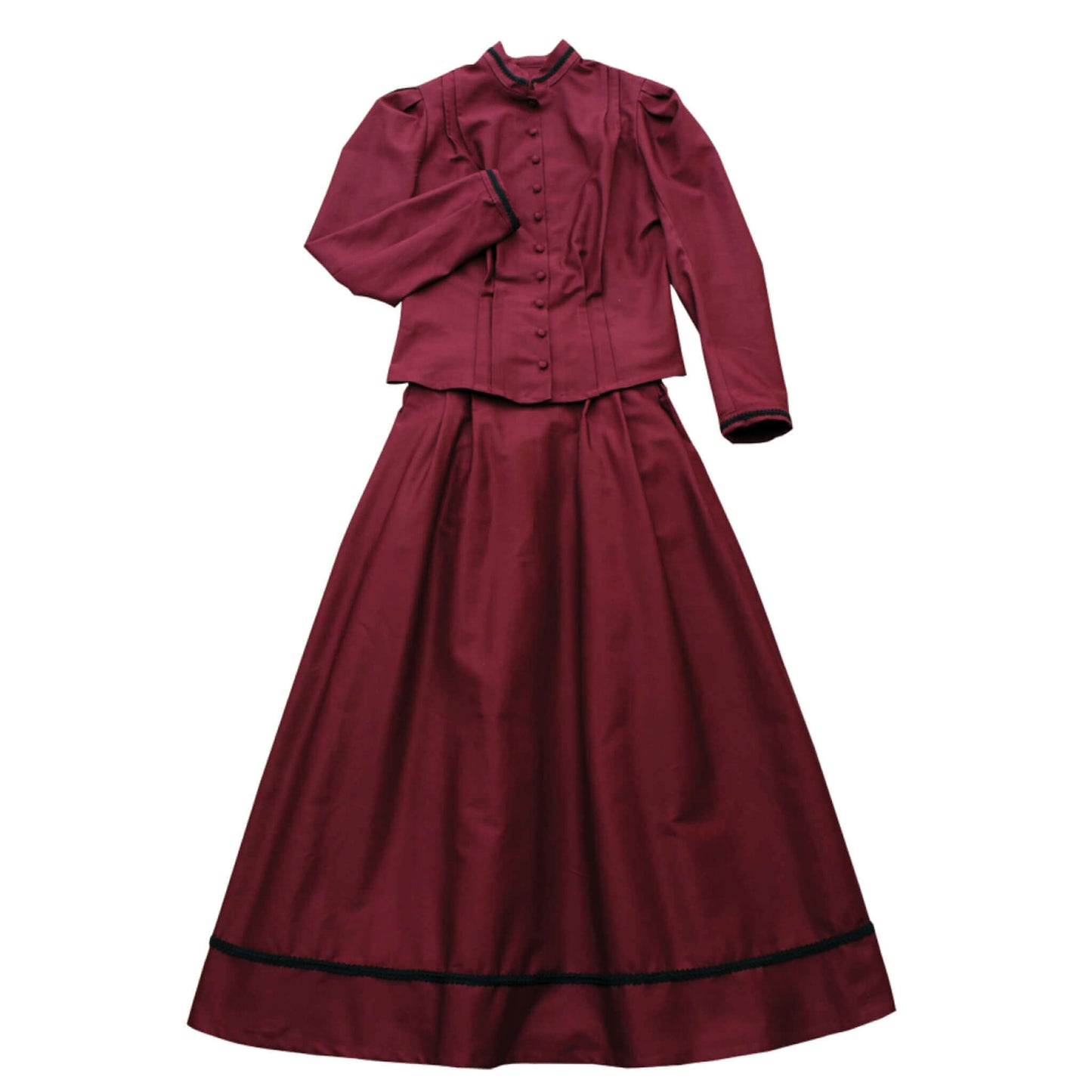 Ladies Old West Bowman Outfit in burgundy color, featuring a fitted jacket and a long skirt, inspired by Sarah Bowman's style.
