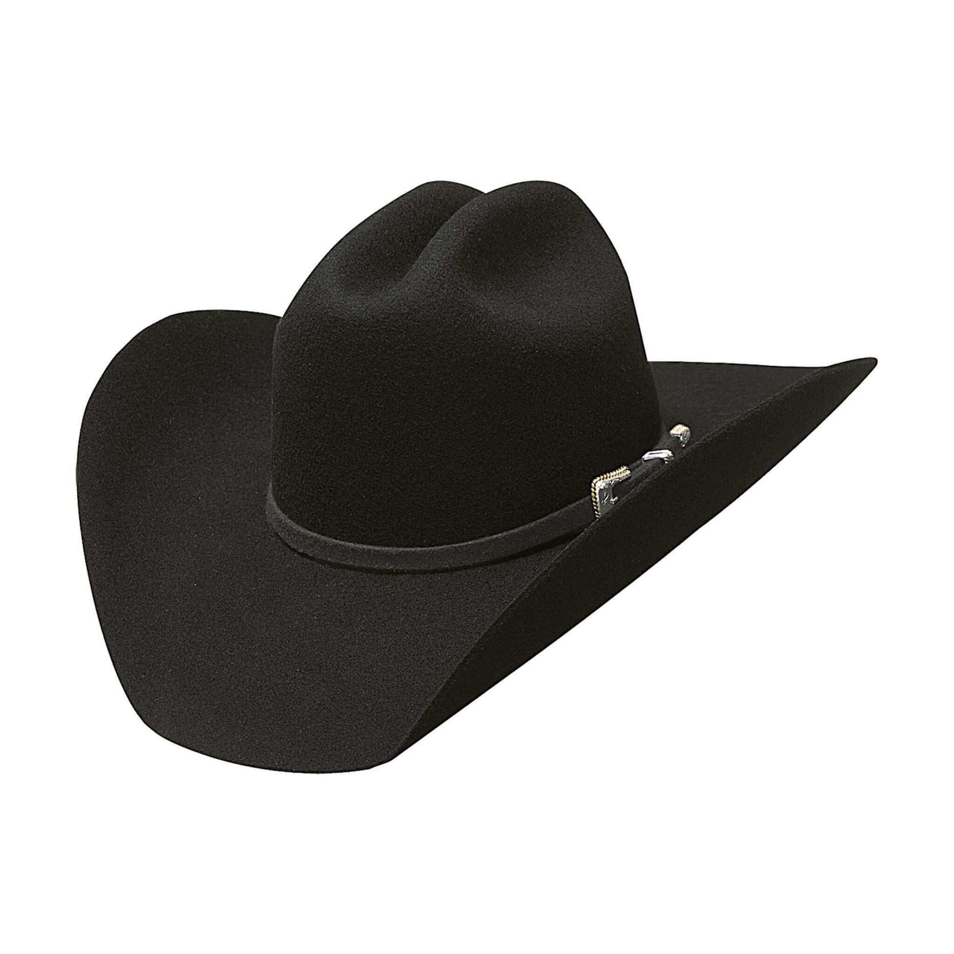 Black cowboy hat with a silver buckle on a white background